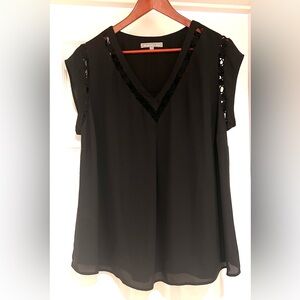 Black V-Neck Cap-Sleeve Blouse with Cutout Trim
